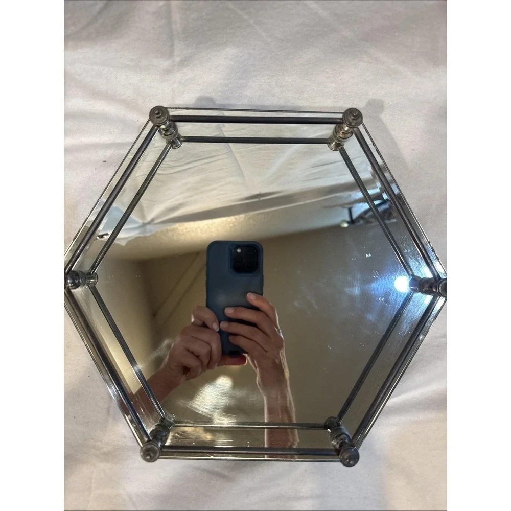 Vintage Hexagon (6 Sided) Vanity Tray Beveled Edge Mirrored‎ Brass 12